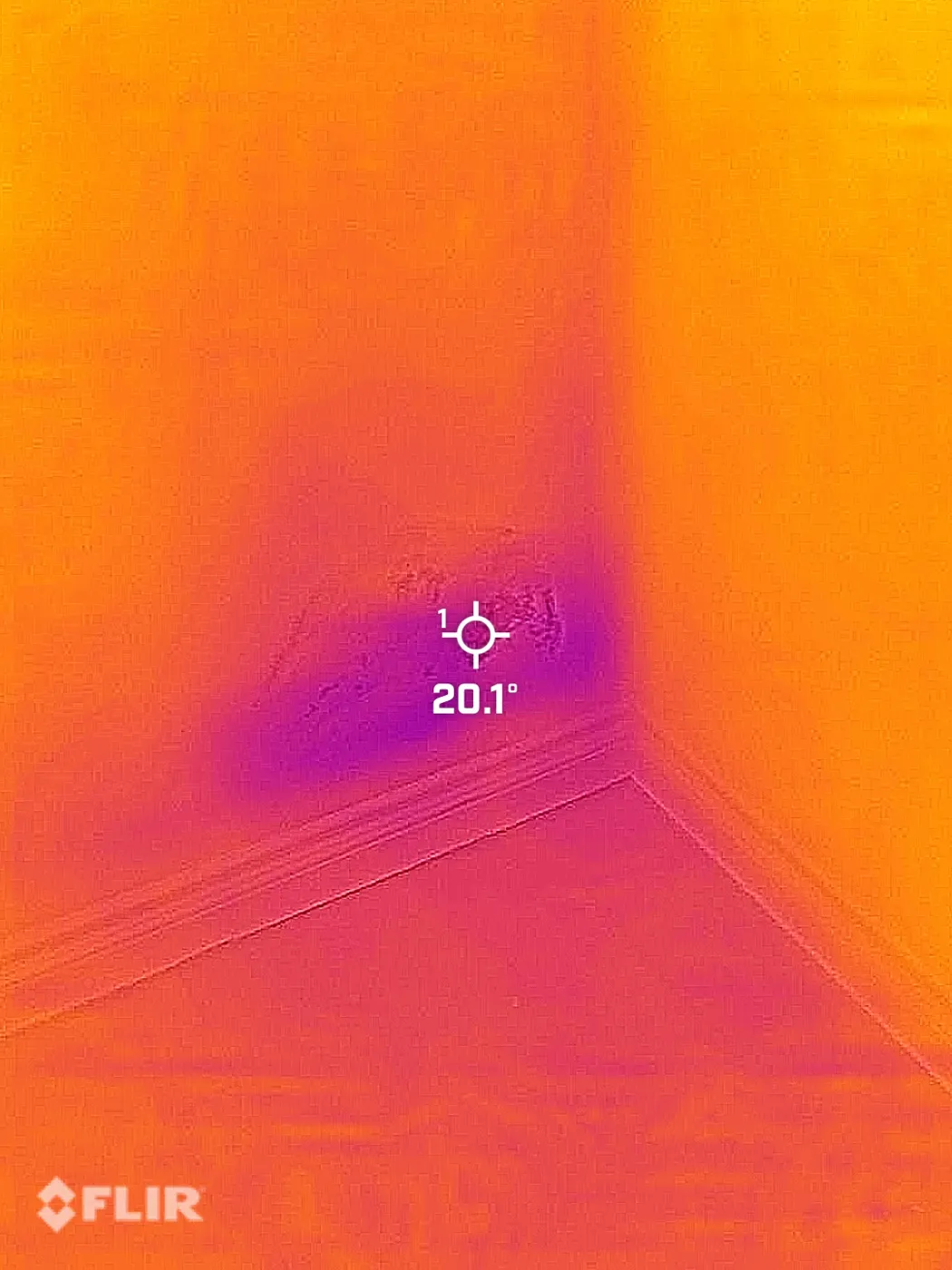 FLIR infrared image of a cool purple moisture anomaly at a wall and ceiling corner